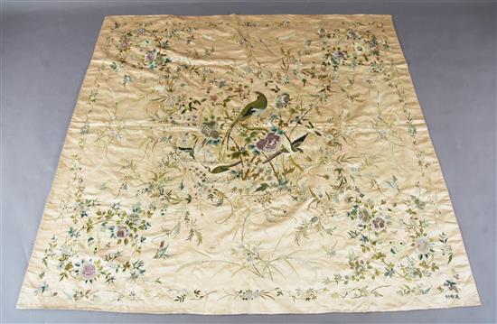 A Chinese embroidered pale pink silk panel, 150 x 160cm, unframed